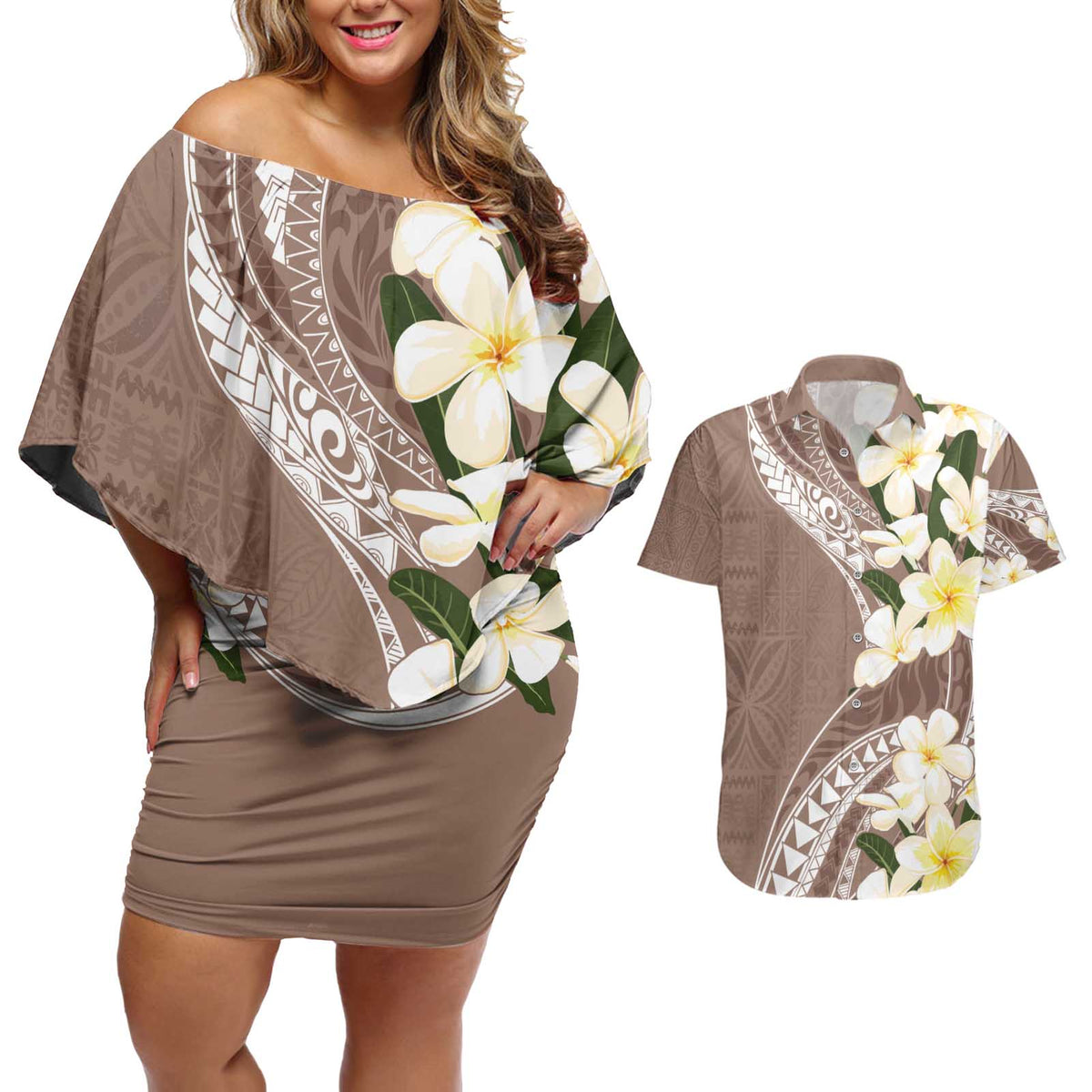 Aloha Hawaii Festive Couples Matching Off Shoulder Short Dress and Hawaiian Shirt Frangipani Lace Classic - Beige LT7 Beige - Polynesian Pride