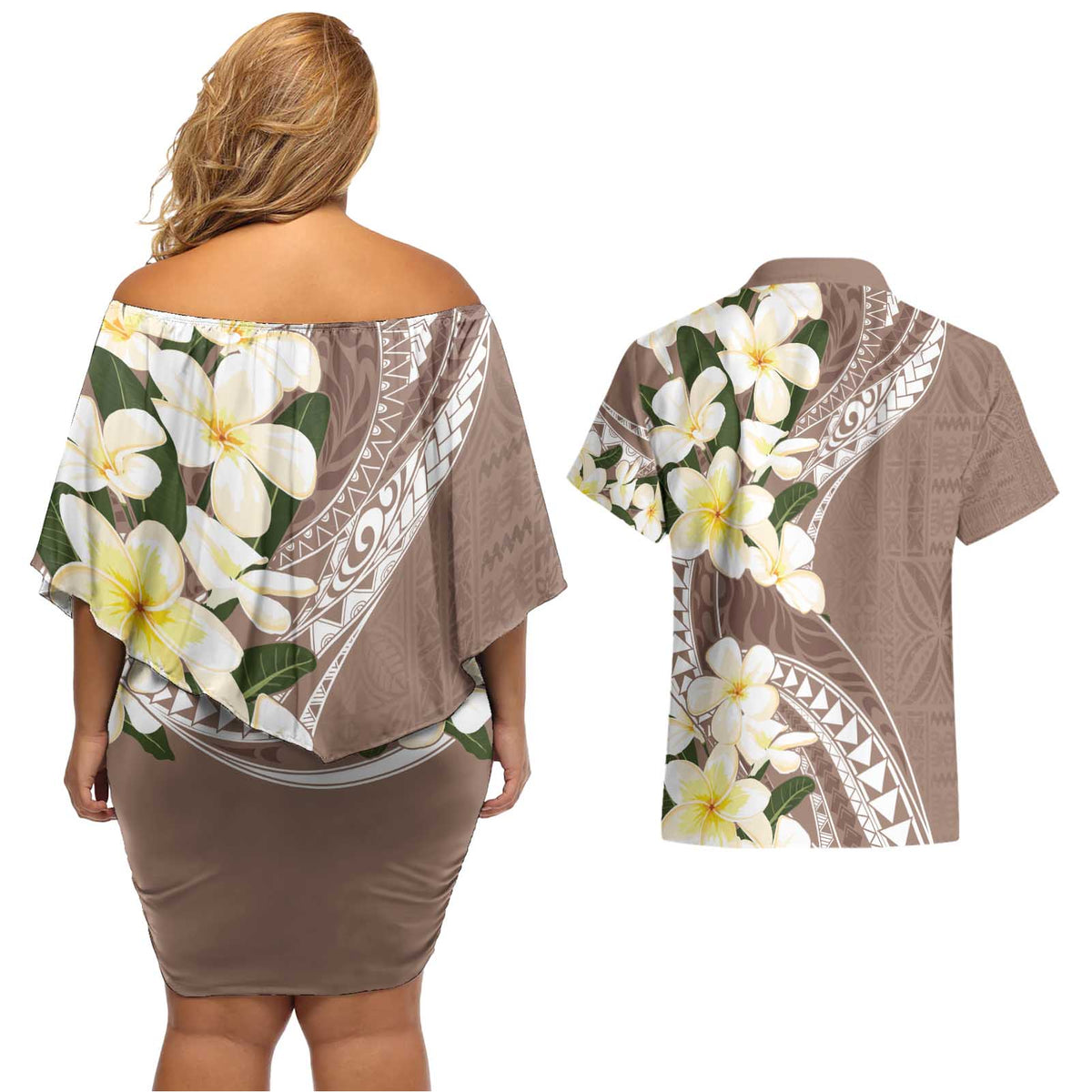Aloha Hawaii Festive Couples Matching Off Shoulder Short Dress and Hawaiian Shirt Frangipani Lace Classic - Beige LT7 - Polynesian Pride