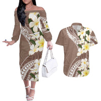 Aloha Hawaii Festive Couples Matching Off The Shoulder Long Sleeve Dress and Hawaiian Shirt Frangipani Lace Classic - Beige LT7 Beige - Polynesian Pride
