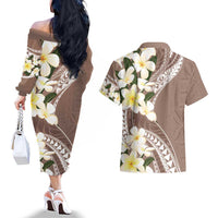 Aloha Hawaii Festive Couples Matching Off The Shoulder Long Sleeve Dress and Hawaiian Shirt Frangipani Lace Classic - Beige LT7 - Polynesian Pride
