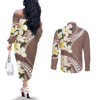 Aloha Hawaii Festive Couples Matching Off The Shoulder Long Sleeve Dress and Long Sleeve Button Shirt Frangipani Lace Classic - Beige LT7 - Polynesian Pride