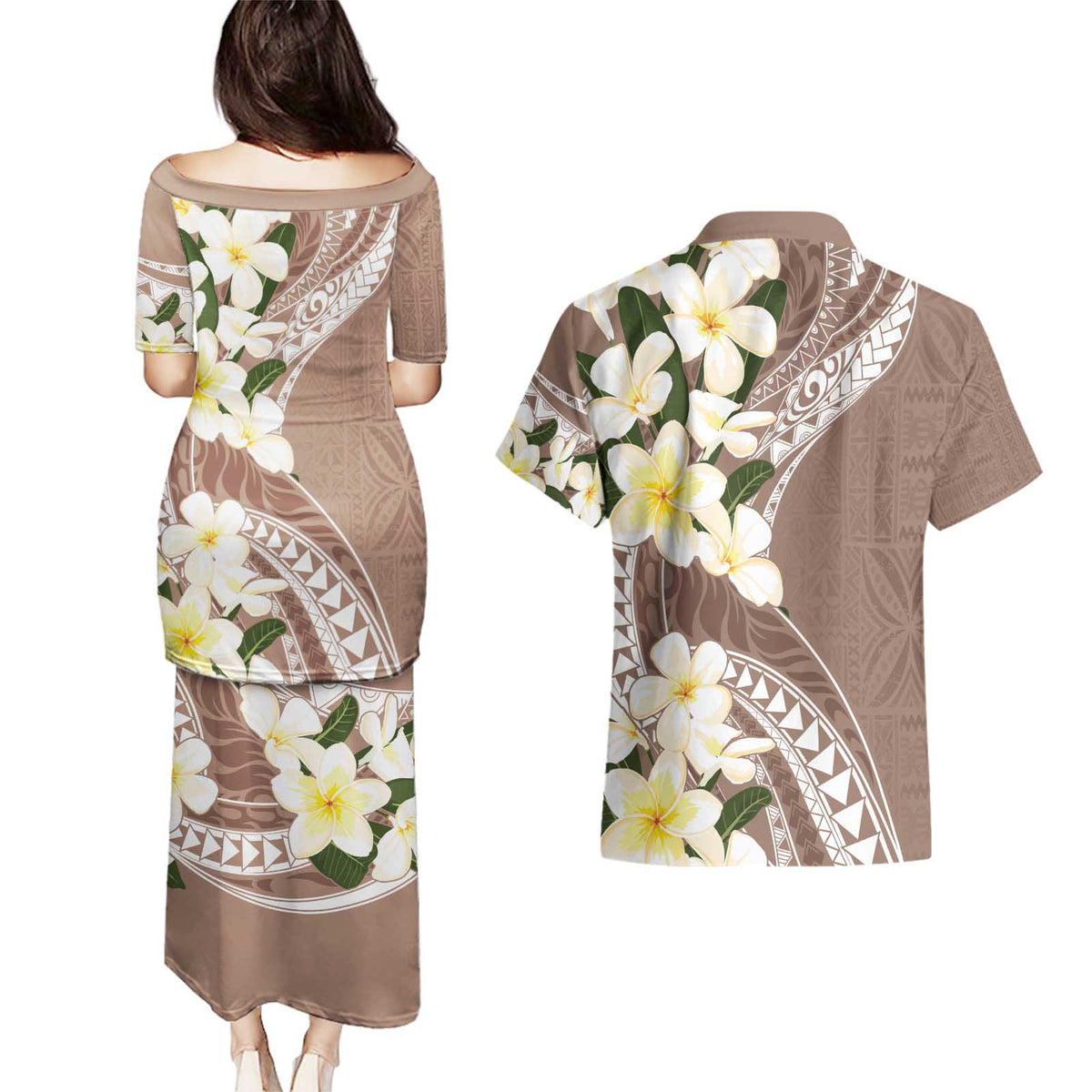 Aloha Hawaii Festive Couples Matching Puletasi and Hawaiian Shirt Frangipani Lace Classic - Beige LT7 - Polynesian Pride