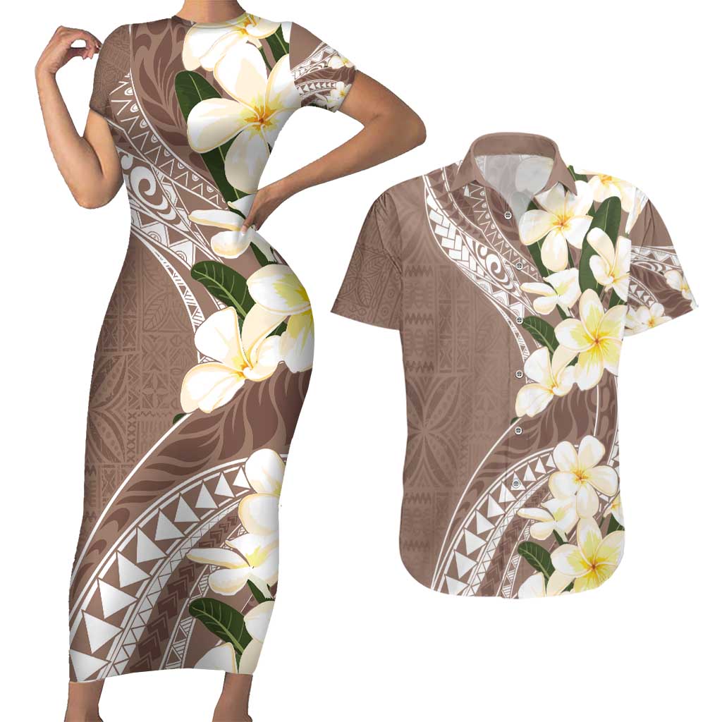 Aloha Hawaii Festive Couples Matching Short Sleeve Bodycon Dress and Hawaiian Shirt Frangipani Lace Classic - Beige LT7 Beige - Polynesian Pride