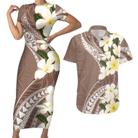 Aloha Hawaii Festive Couples Matching Short Sleeve Bodycon Dress and Hawaiian Shirt Frangipani Lace Classic - Beige LT7 Beige - Polynesian Pride