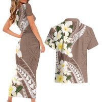 Aloha Hawaii Festive Couples Matching Short Sleeve Bodycon Dress and Hawaiian Shirt Frangipani Lace Classic - Beige LT7 - Polynesian Pride