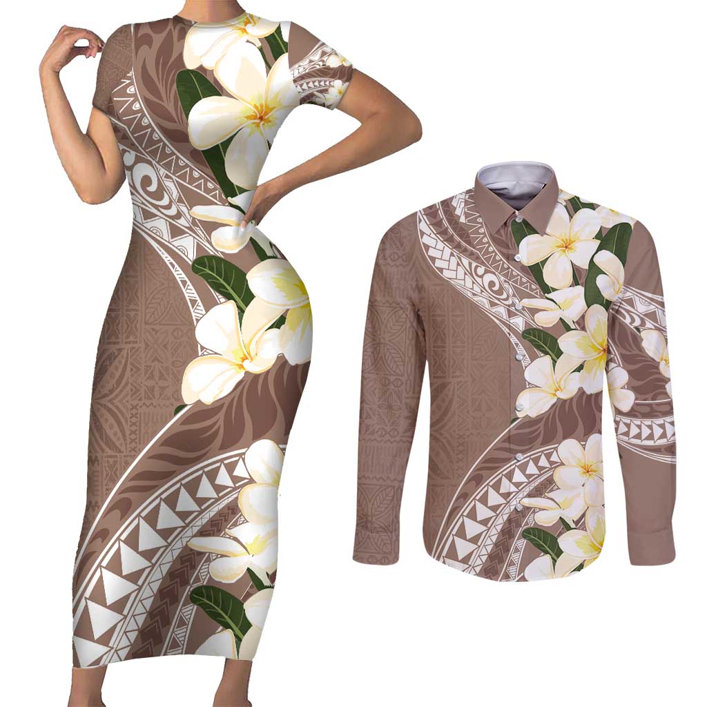 Aloha Hawaii Festive Couples Matching Short Sleeve Bodycon Dress and Long Sleeve Button Shirt Frangipani Lace Classic - Beige LT7 Beige - Polynesian Pride