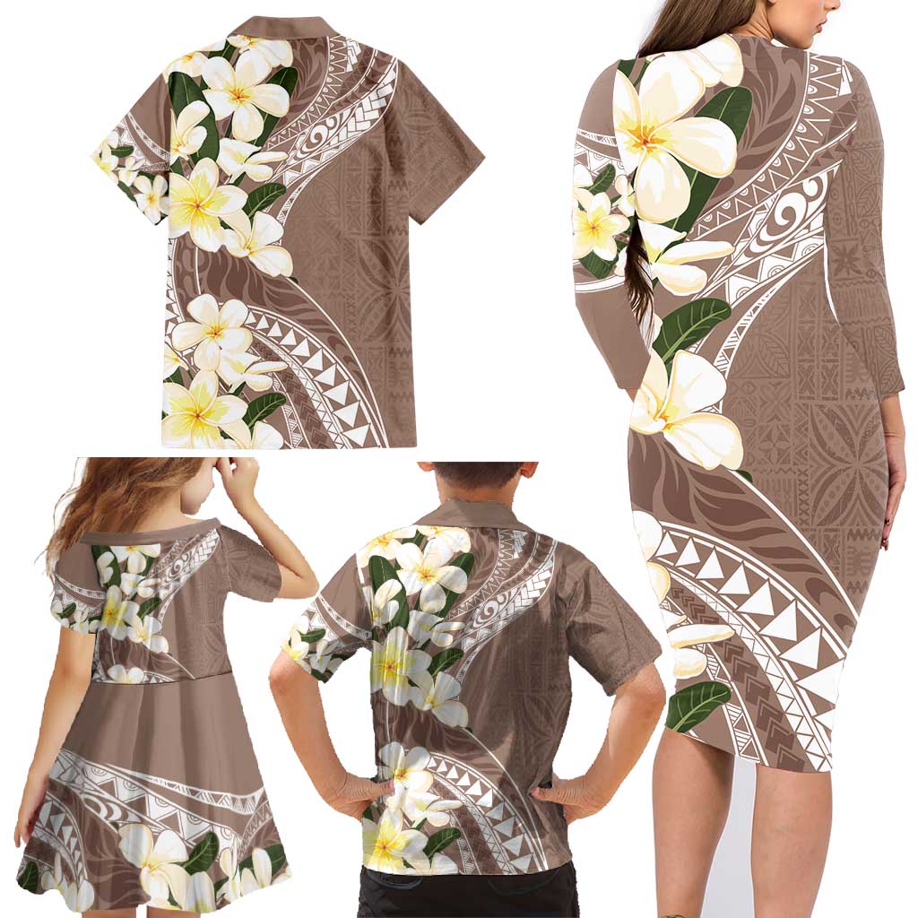 Aloha Hawaii Festive Family Matching Long Sleeve Bodycon Dress and Hawaiian Shirt Frangipani Lace Classic - Beige LT7 - Polynesian Pride