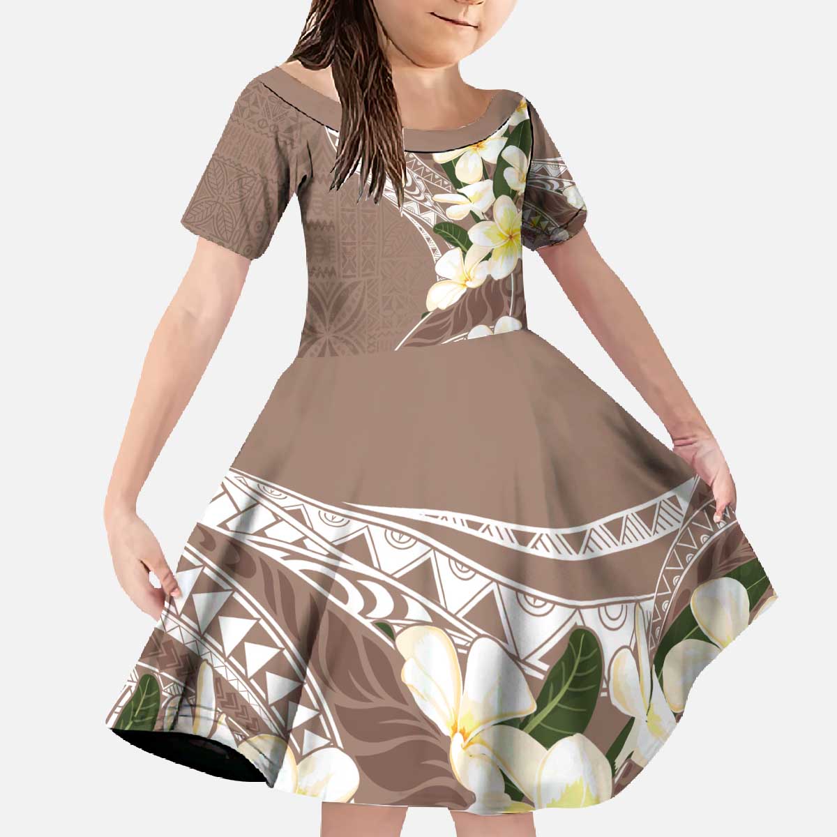 Aloha Hawaii Festive Family Matching Off The Shoulder Long Sleeve Dress and Hawaiian Shirt Frangipani Lace Classic - Beige LT7 Daughter's Dress Beige - Polynesian Pride
