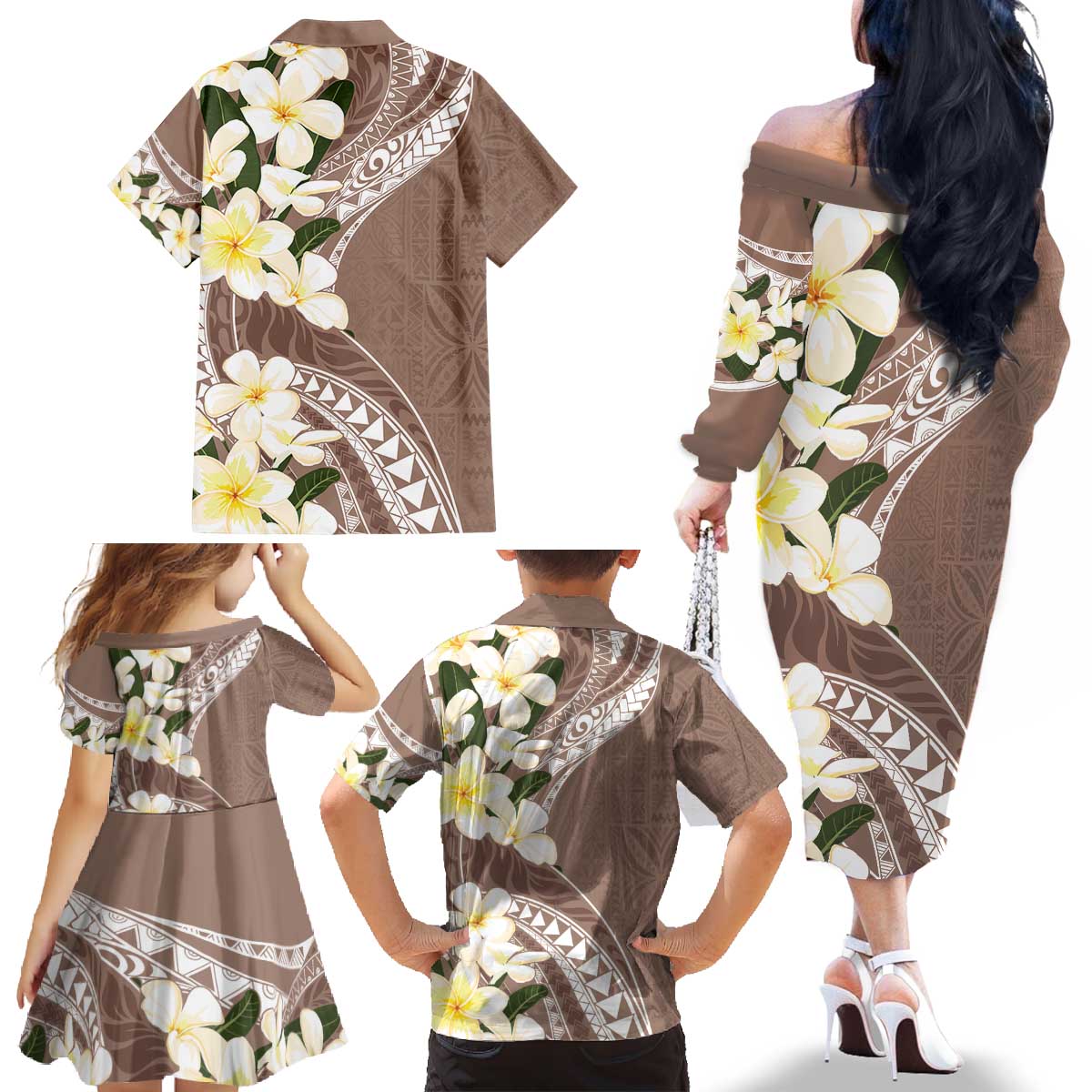 Aloha Hawaii Festive Family Matching Off The Shoulder Long Sleeve Dress and Hawaiian Shirt Frangipani Lace Classic - Beige LT7 - Polynesian Pride