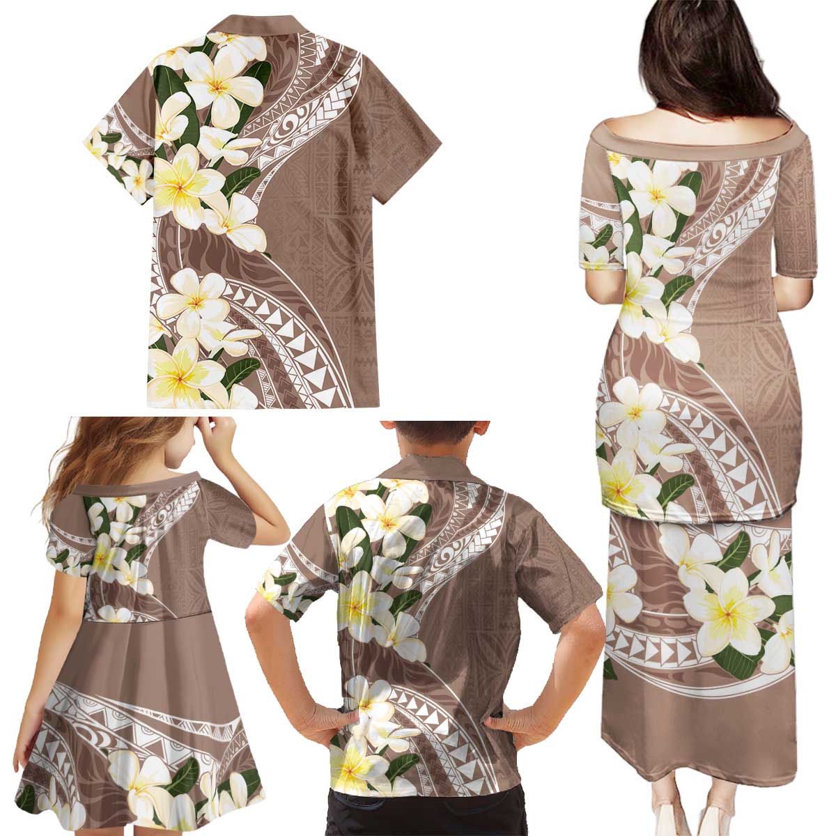 Aloha Hawaii Festive Family Matching Puletasi and Hawaiian Shirt Frangipani Lace Classic - Beige LT7 - Polynesian Pride