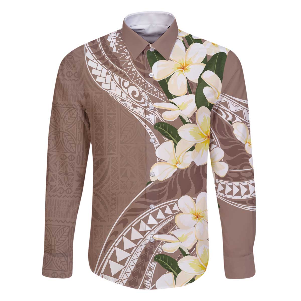 Aloha Hawaii Festive Family Matching Puletasi and Hawaiian Shirt Frangipani Lace Classic - Beige LT7 Dad's Shirt - Long Sleeve Beige - Polynesian Pride