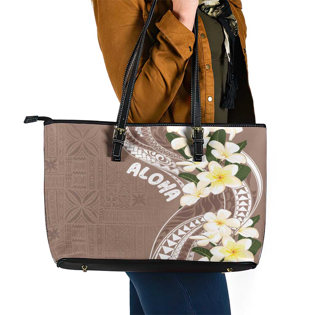 Aloha Hawaii Festive Leather Tote Bag Frangipani Lace Classic - Beige