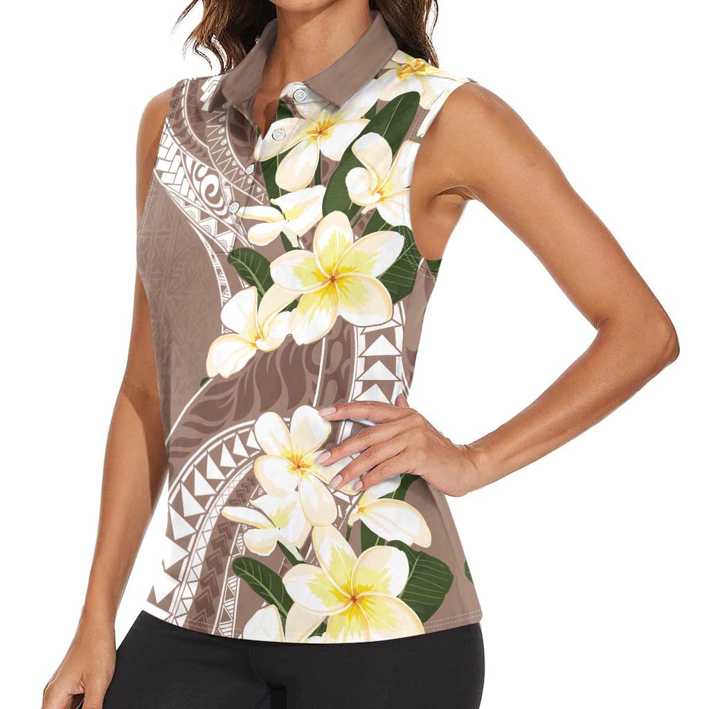 Aloha Hawaii Festive Women Sleeveless Polo Shirt Frangipani Lace Classic - Beige LT7 - Polynesian Pride