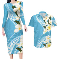 Aloha Hawaii Festive Couples Matching Long Sleeve Bodycon Dress and Hawaiian Shirt Frangipani Lace Classic - Turquoise LT7 Turquoise - Polynesian Pride
