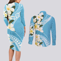 Aloha Hawaii Festive Couples Matching Long Sleeve Bodycon Dress and Long Sleeve Button Shirt Frangipani Lace Classic - Turquoise LT7 - Polynesian Pride