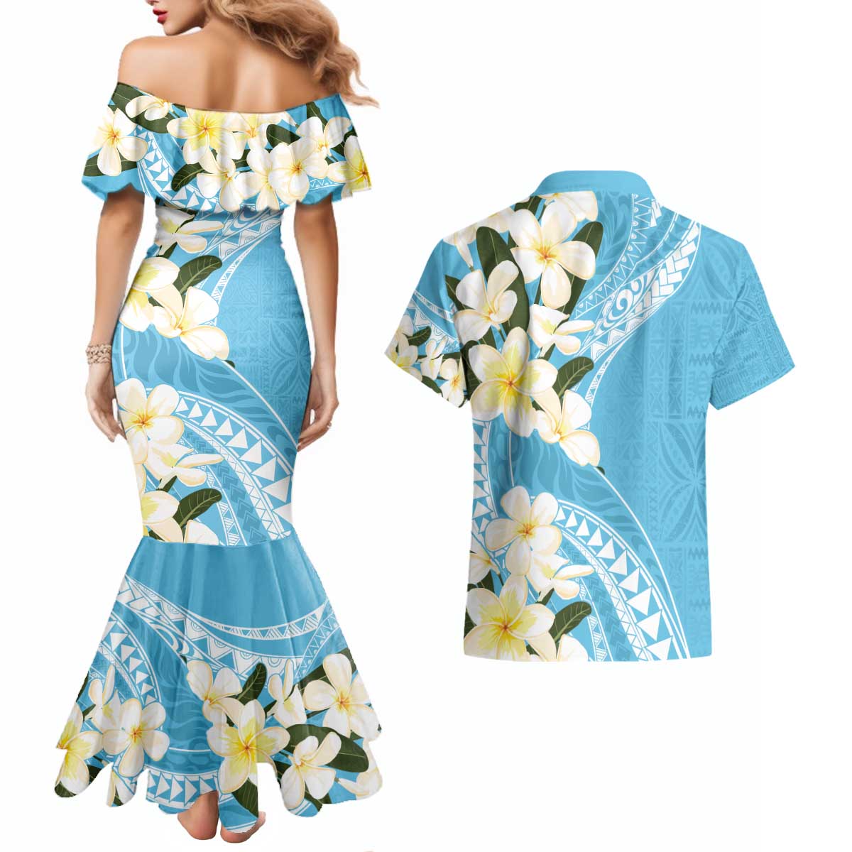 Aloha Hawaii Festive Couples Matching Mermaid Dress and Hawaiian Shirt Frangipani Lace Classic - Turquoise LT7 - Polynesian Pride