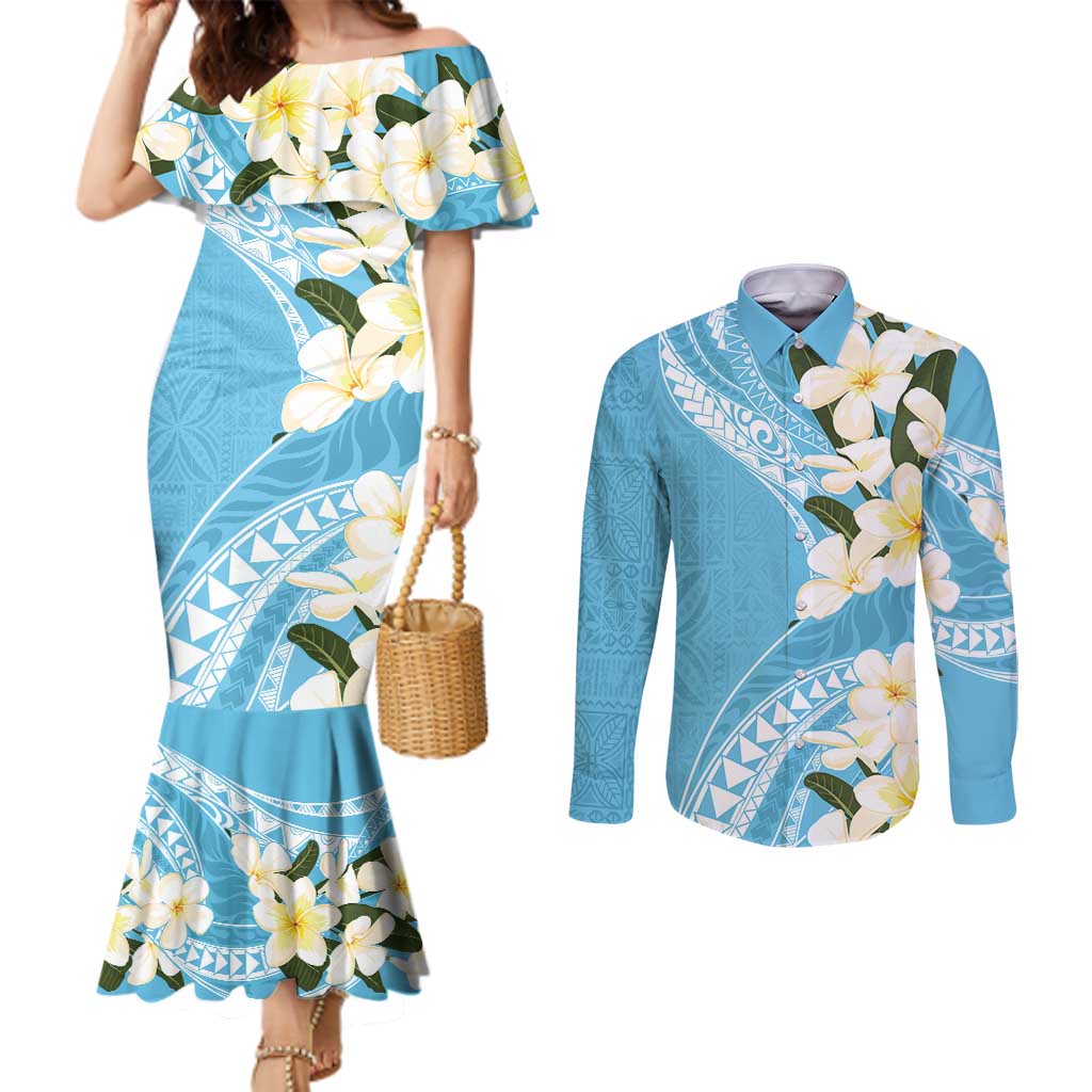 Aloha Hawaii Festive Couples Matching Mermaid Dress and Long Sleeve Button Shirt Frangipani Lace Classic - Turquoise LT7 Turquoise - Polynesian Pride