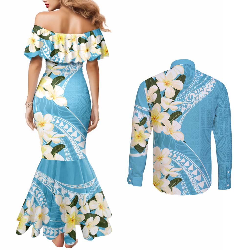 Aloha Hawaii Festive Couples Matching Mermaid Dress and Long Sleeve Button Shirt Frangipani Lace Classic - Turquoise LT7 - Polynesian Pride