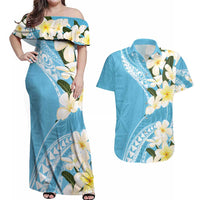Aloha Hawaii Festive Couples Matching Off Shoulder Maxi Dress and Hawaiian Shirt Frangipani Lace Classic - Turquoise LT7 Turquoise - Polynesian Pride