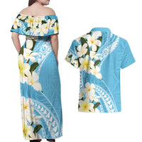 Aloha Hawaii Festive Couples Matching Off Shoulder Maxi Dress and Hawaiian Shirt Frangipani Lace Classic - Turquoise LT7 - Polynesian Pride