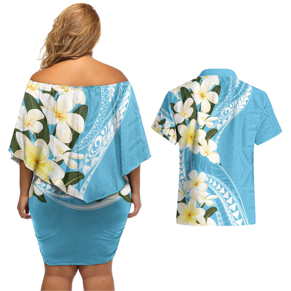 Aloha Hawaii Festive Couples Matching Off Shoulder Short Dress and Hawaiian Shirt Frangipani Lace Classic - Turquoise LT7 - Polynesian Pride