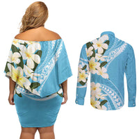 Aloha Hawaii Festive Couples Matching Off Shoulder Short Dress and Long Sleeve Button Shirt Frangipani Lace Classic - Turquoise LT7 - Polynesian Pride