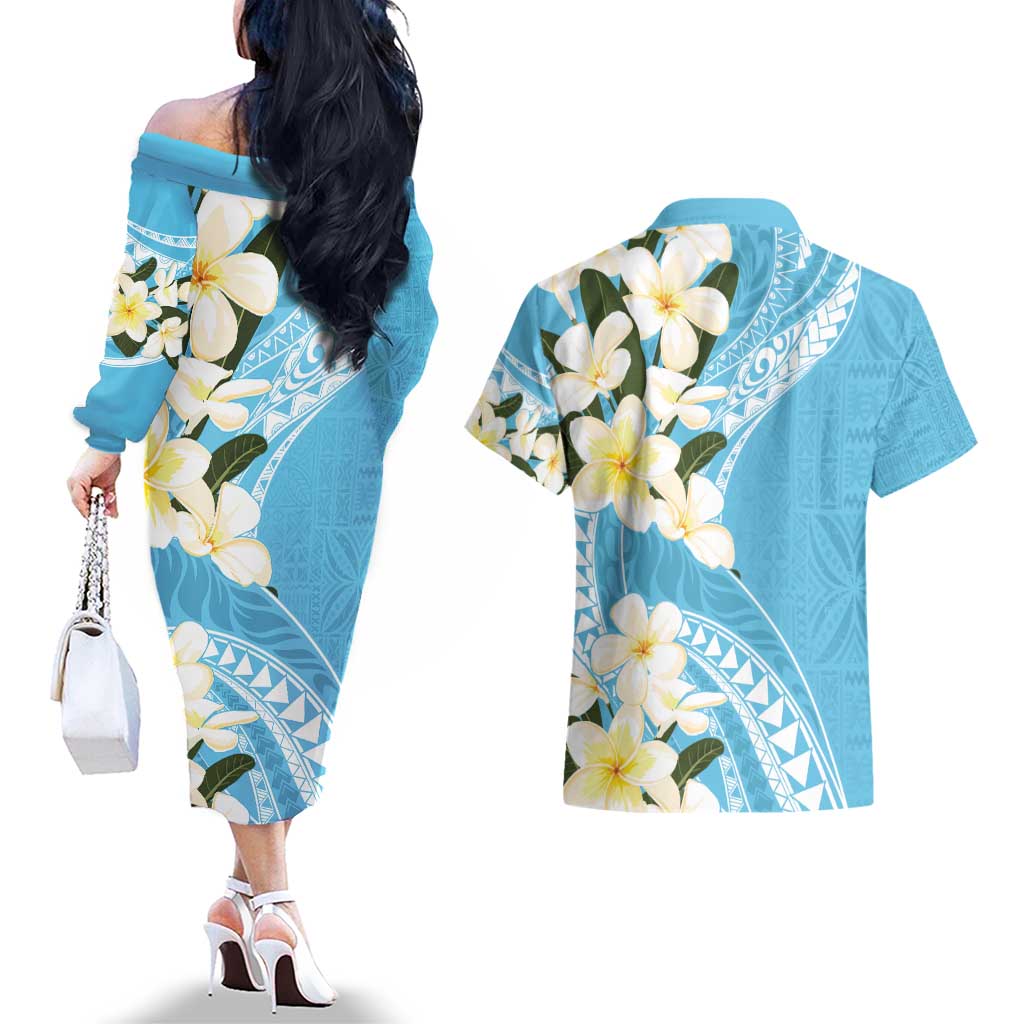 Aloha Hawaii Festive Couples Matching Off The Shoulder Long Sleeve Dress and Hawaiian Shirt Frangipani Lace Classic - Turquoise LT7 - Polynesian Pride