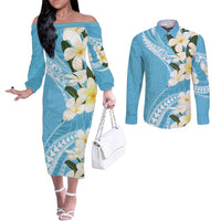 Aloha Hawaii Festive Couples Matching Off The Shoulder Long Sleeve Dress and Long Sleeve Button Shirt Frangipani Lace Classic - Turquoise LT7 Turquoise - Polynesian Pride