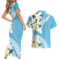 Aloha Hawaii Festive Couples Matching Short Sleeve Bodycon Dress and Hawaiian Shirt Frangipani Lace Classic - Turquoise LT7 - Polynesian Pride