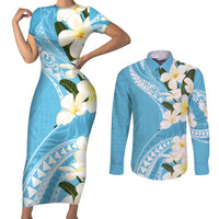 Aloha Hawaii Festive Couples Matching Short Sleeve Bodycon Dress and Long Sleeve Button Shirt Frangipani Lace Classic - Turquoise LT7 Turquoise - Polynesian Pride