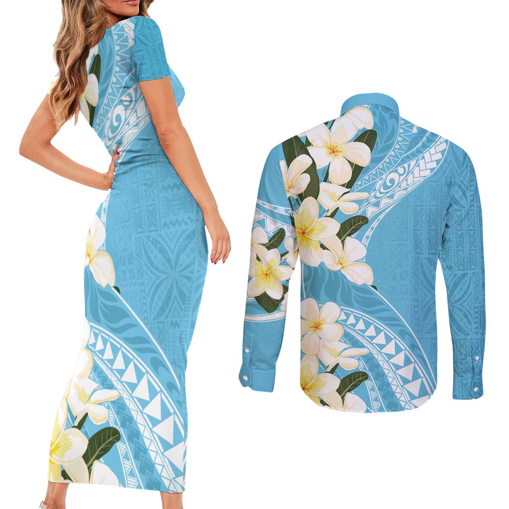 Aloha Hawaii Festive Couples Matching Short Sleeve Bodycon Dress and Long Sleeve Button Shirt Frangipani Lace Classic - Turquoise LT7 - Polynesian Pride