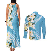 Aloha Hawaii Festive Couples Matching Tank Maxi Dress and Long Sleeve Button Shirt Frangipani Lace Classic - Turquoise LT7 - Polynesian Pride
