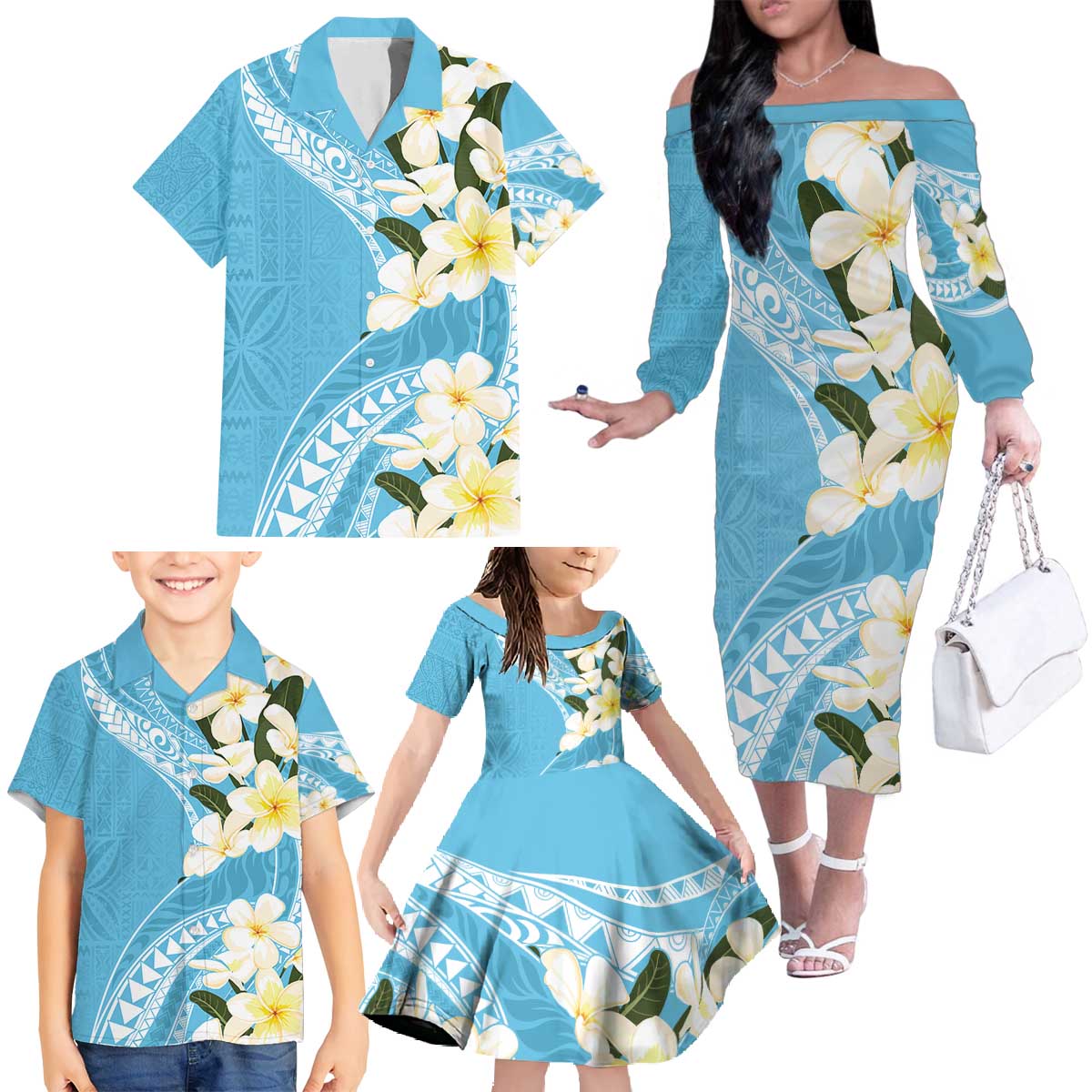 Aloha Hawaii Festive Family Matching Off The Shoulder Long Sleeve Dress and Hawaiian Shirt Frangipani Lace Classic - Turquoise LT7 - Polynesian Pride