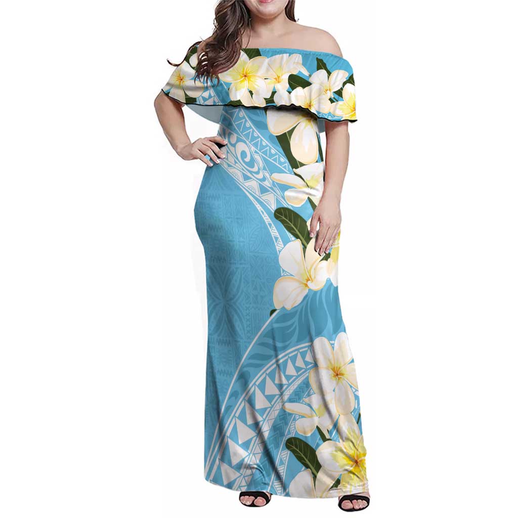 Aloha Hawaii Festive Family Matching Off Shoulder Maxi Dress and Hawaiian Shirt Frangipani Lace Classic - Turquoise LT7 Mom's Dress Turquoise - Polynesian Pride