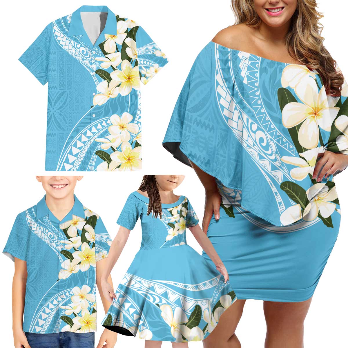 Aloha Hawaii Festive Family Matching Off Shoulder Short Dress and Hawaiian Shirt Frangipani Lace Classic - Turquoise LT7 - Polynesian Pride