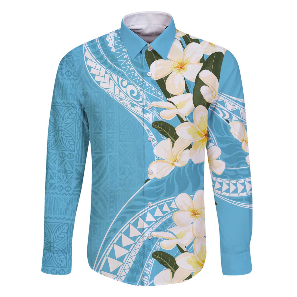 Aloha Hawaii Festive Family Matching Off Shoulder Short Dress and Hawaiian Shirt Frangipani Lace Classic - Turquoise LT7 Dad's Shirt - Long Sleeve Turquoise - Polynesian Pride