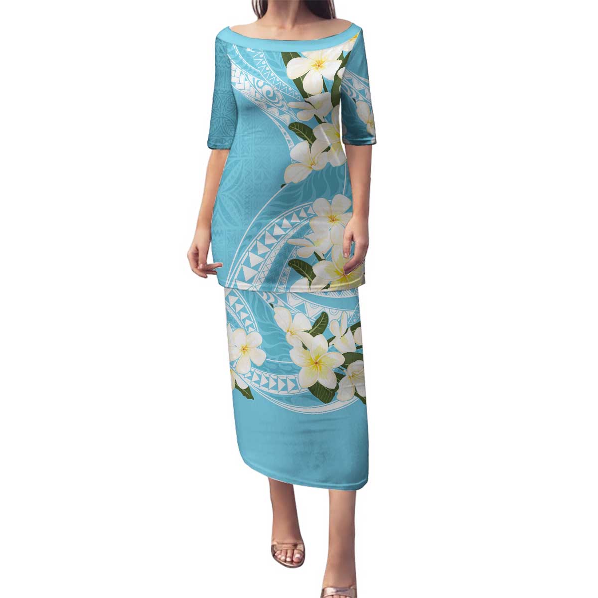 Aloha Hawaii Festive Family Matching Puletasi and Hawaiian Shirt Frangipani Lace Classic - Turquoise LT7 Mom's Dress Turquoise - Polynesian Pride