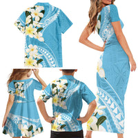 Aloha Hawaii Festive Family Matching Short Sleeve Bodycon Dress and Hawaiian Shirt Frangipani Lace Classic - Turquoise LT7 - Polynesian Pride