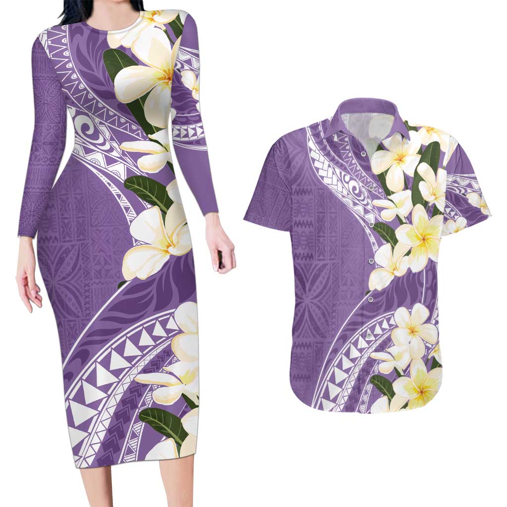 Aloha Hawaii Festive Couples Matching Long Sleeve Bodycon Dress and Hawaiian Shirt Frangipani Lace Classic - Lavender LT7 Lavender - Polynesian Pride