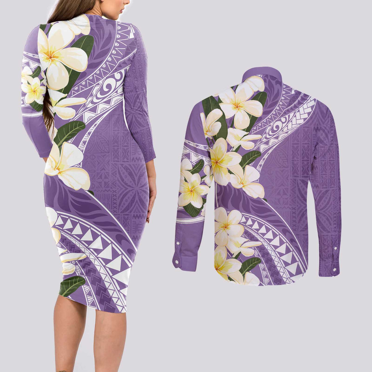 Aloha Hawaii Festive Couples Matching Long Sleeve Bodycon Dress and Long Sleeve Button Shirt Frangipani Lace Classic - Lavender LT7 - Polynesian Pride