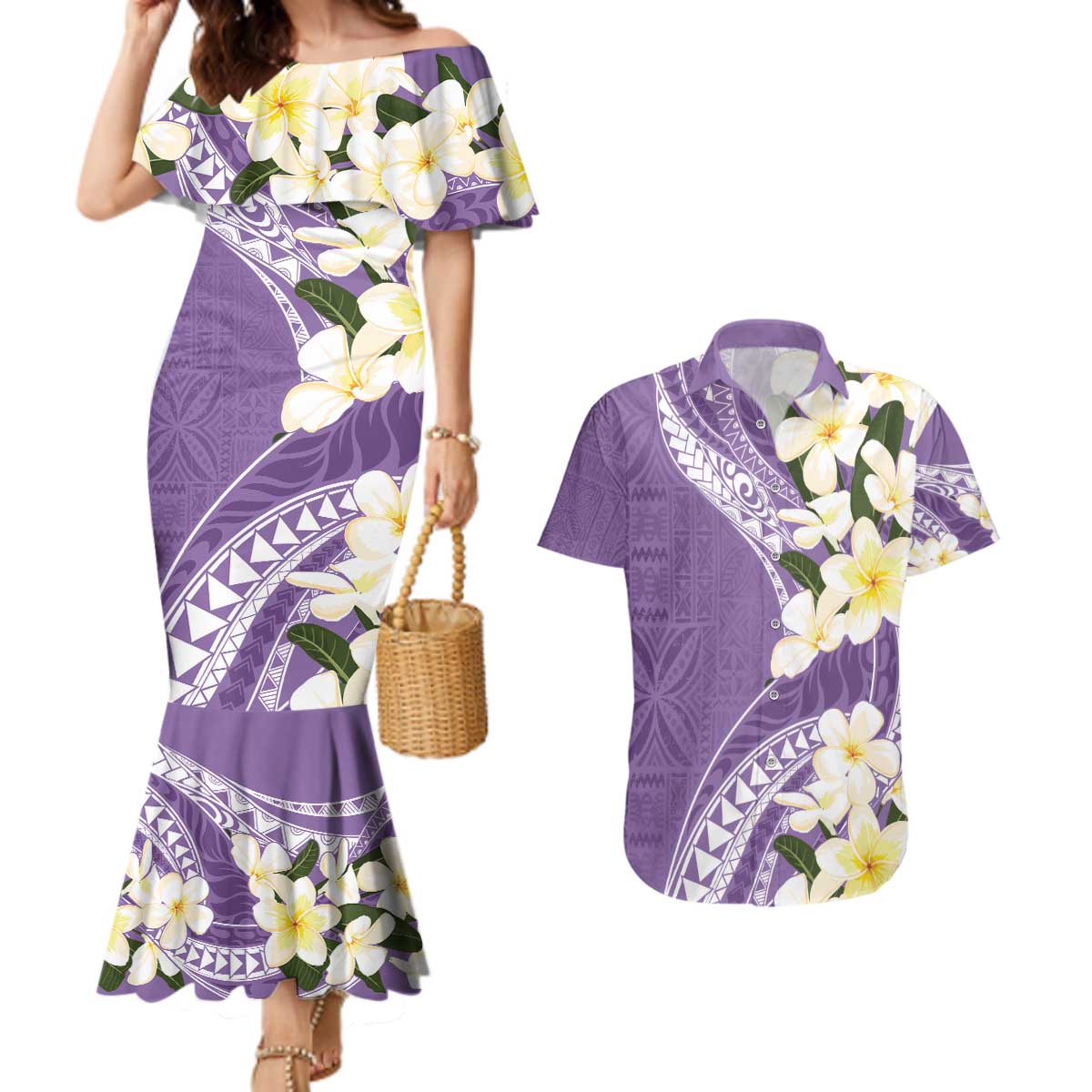 Aloha Hawaii Festive Couples Matching Mermaid Dress and Hawaiian Shirt Frangipani Lace Classic - Lavender LT7 Lavender - Polynesian Pride