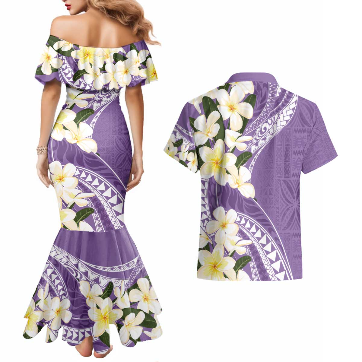 Aloha Hawaii Festive Couples Matching Mermaid Dress and Hawaiian Shirt Frangipani Lace Classic - Lavender LT7 - Polynesian Pride
