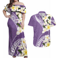 Aloha Hawaii Festive Couples Matching Off Shoulder Maxi Dress and Hawaiian Shirt Frangipani Lace Classic - Lavender LT7 Lavender - Polynesian Pride