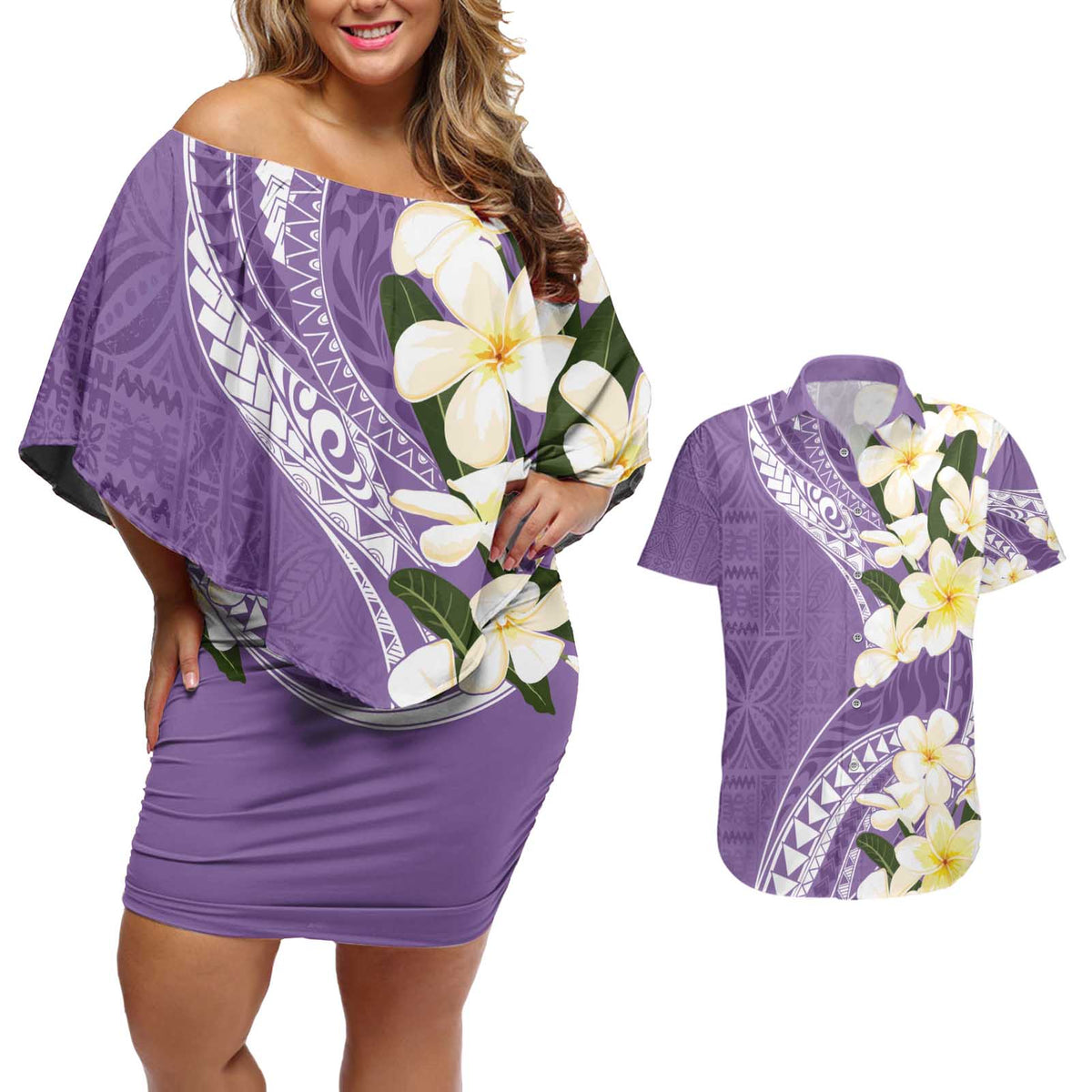 Aloha Hawaii Festive Couples Matching Off Shoulder Short Dress and Hawaiian Shirt Frangipani Lace Classic - Lavender LT7 Lavender - Polynesian Pride