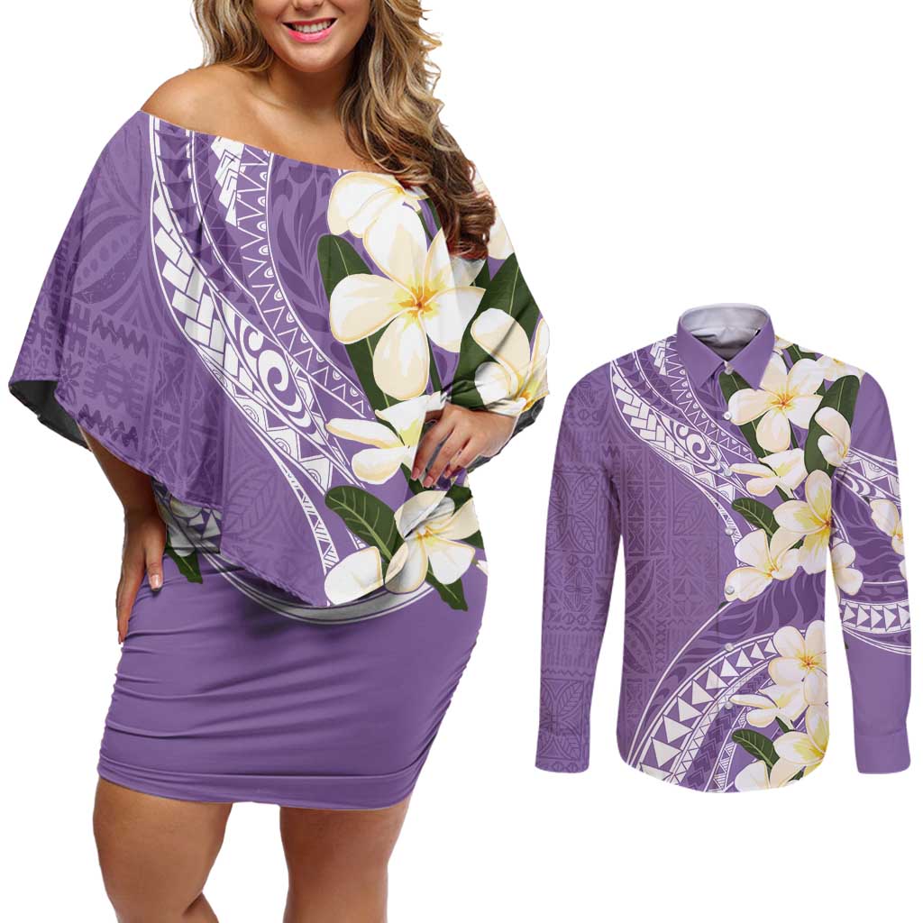 Aloha Hawaii Festive Couples Matching Off Shoulder Short Dress and Long Sleeve Button Shirt Frangipani Lace Classic - Lavender LT7 Lavender - Polynesian Pride