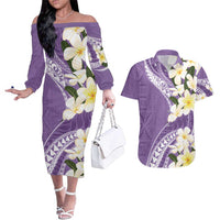 Aloha Hawaii Festive Couples Matching Off The Shoulder Long Sleeve Dress and Hawaiian Shirt Frangipani Lace Classic - Lavender LT7 Lavender - Polynesian Pride