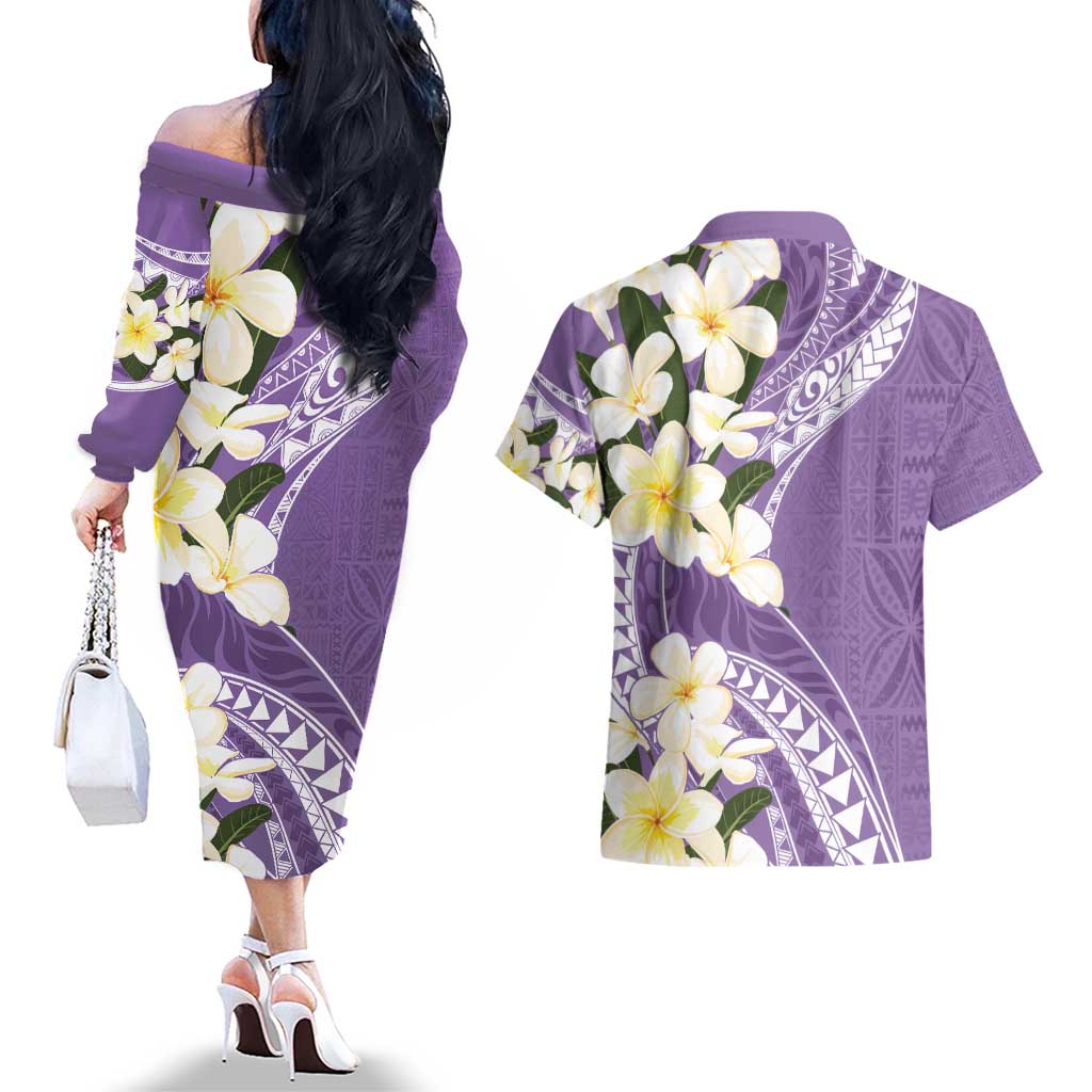 Aloha Hawaii Festive Couples Matching Off The Shoulder Long Sleeve Dress and Hawaiian Shirt Frangipani Lace Classic - Lavender LT7 - Polynesian Pride