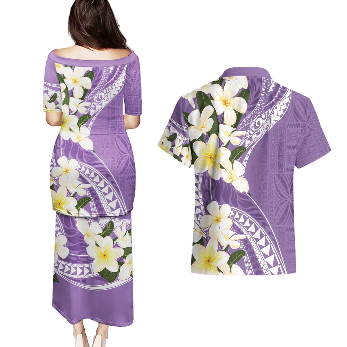 Aloha Hawaii Festive Couples Matching Puletasi and Hawaiian Shirt Frangipani Lace Classic - Lavender LT7 - Polynesian Pride