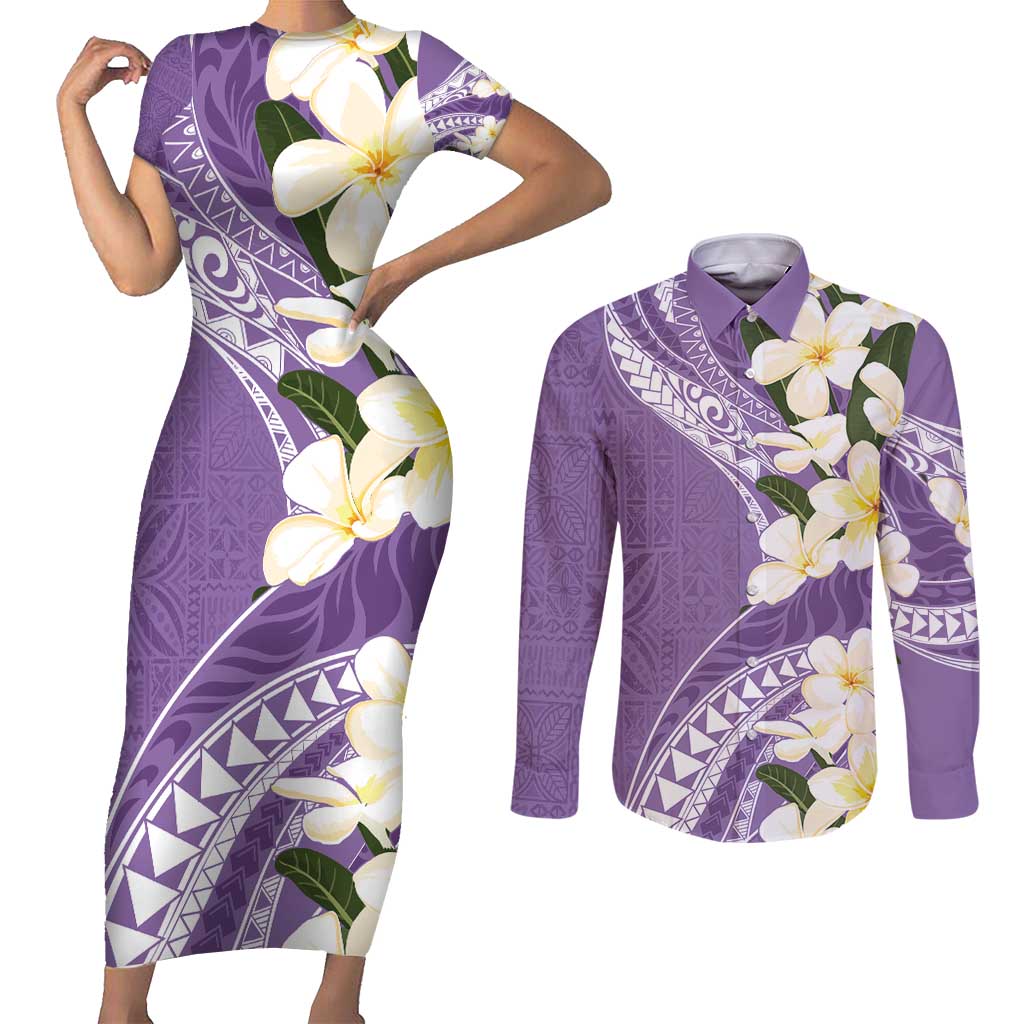Aloha Hawaii Festive Couples Matching Short Sleeve Bodycon Dress and Long Sleeve Button Shirt Frangipani Lace Classic - Lavender LT7 Lavender - Polynesian Pride