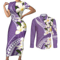 Aloha Hawaii Festive Couples Matching Short Sleeve Bodycon Dress and Long Sleeve Button Shirt Frangipani Lace Classic - Lavender LT7 Lavender - Polynesian Pride